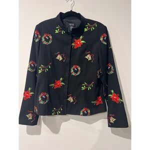 MAK New York Black Suede Feel Embroidered Blazer Jacket Womens Size 14 Christmas